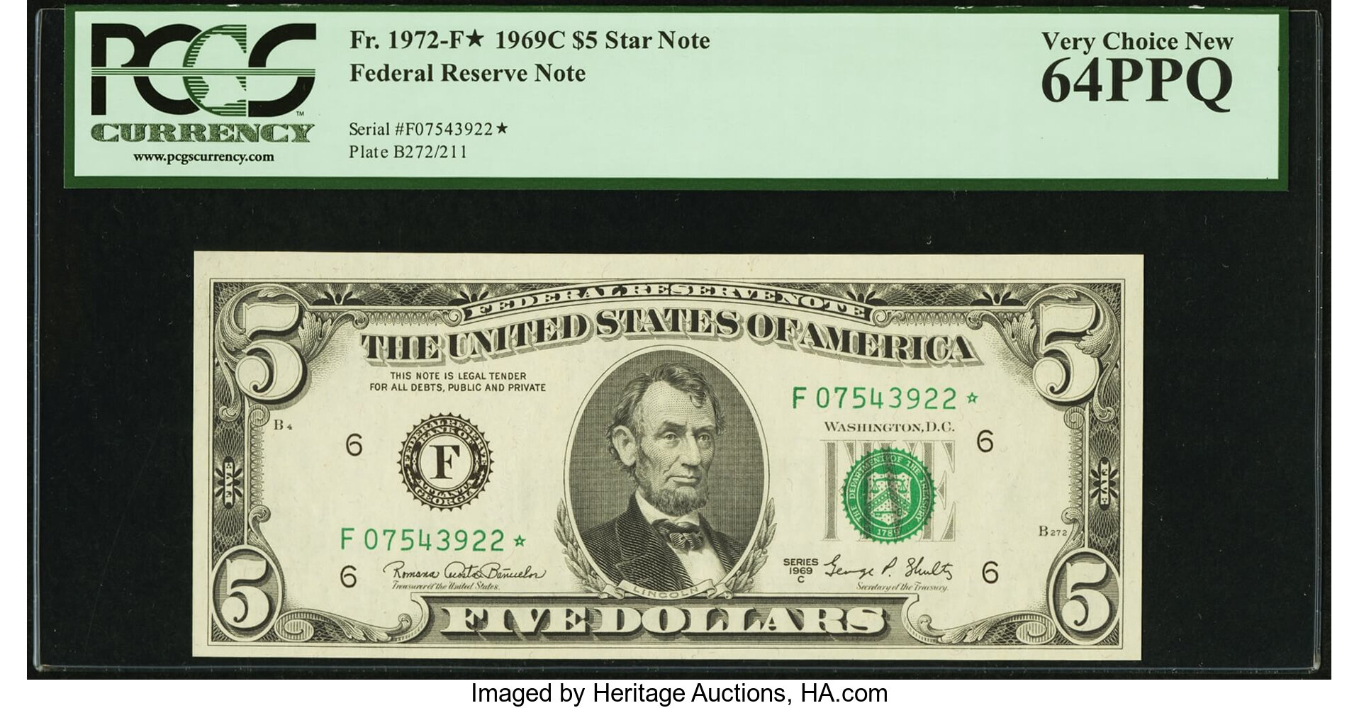 image for: Fr. 1972-F* $5 1969C Federal Reserve Note. PCGS Very Choice New 64PPQ....