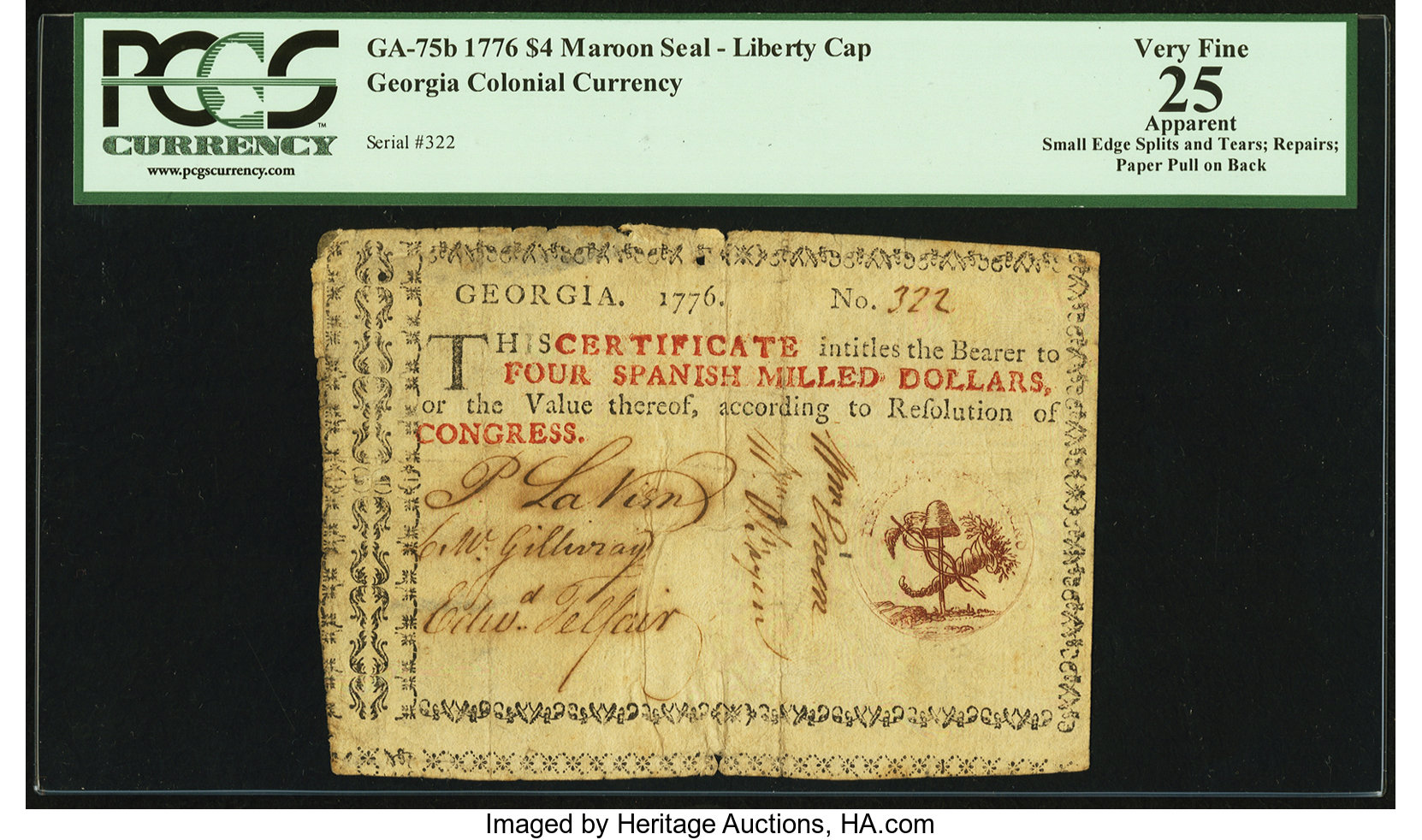 image for: Georgia 1776 $4 PCGS Apparent Very Fine 25....