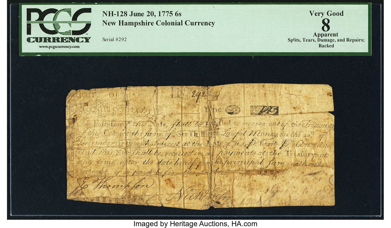 image for: New Hampshire June 20, 1775 6s PCGS Apparent Very Good 8....