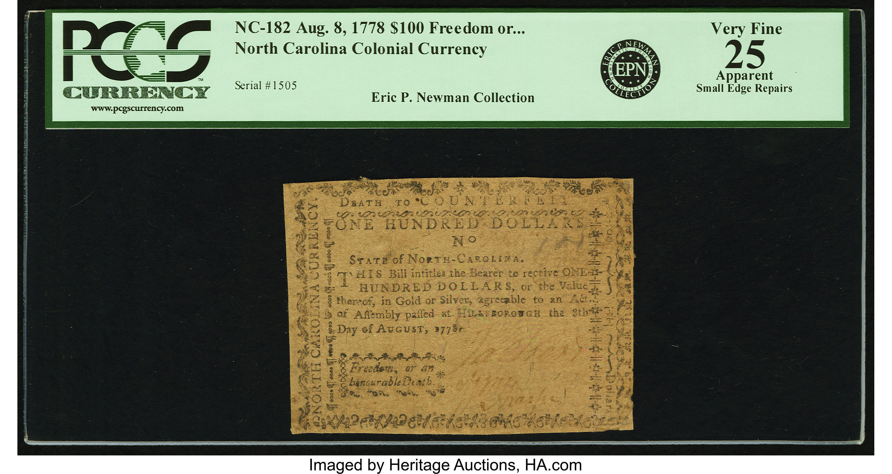 image for: North Carolina August 8, 1778 $100 Freedom or an Honorable Death PCGS Apparent Very Fine 25....