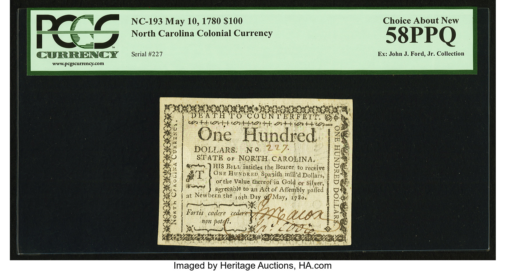 image for: North Carolina May 10, 1780 $100 Fortis Cadere Cedere Non Potest PCGS Choice About New 58PPQ....