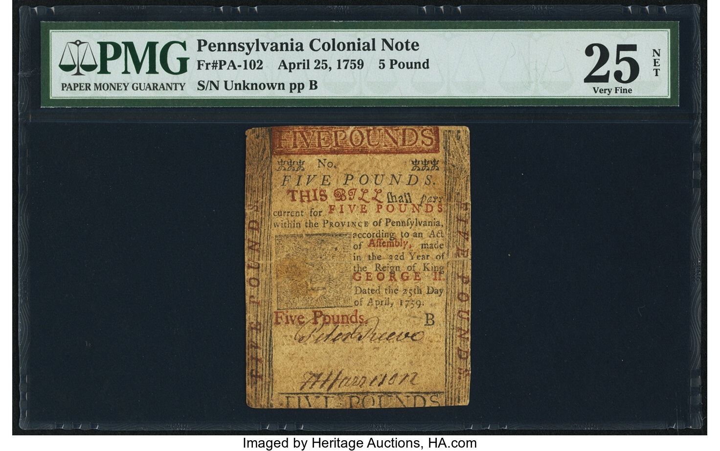 image for: Pennsylvania April 25, 1759 £5 PMG Very Fine 25 Net....