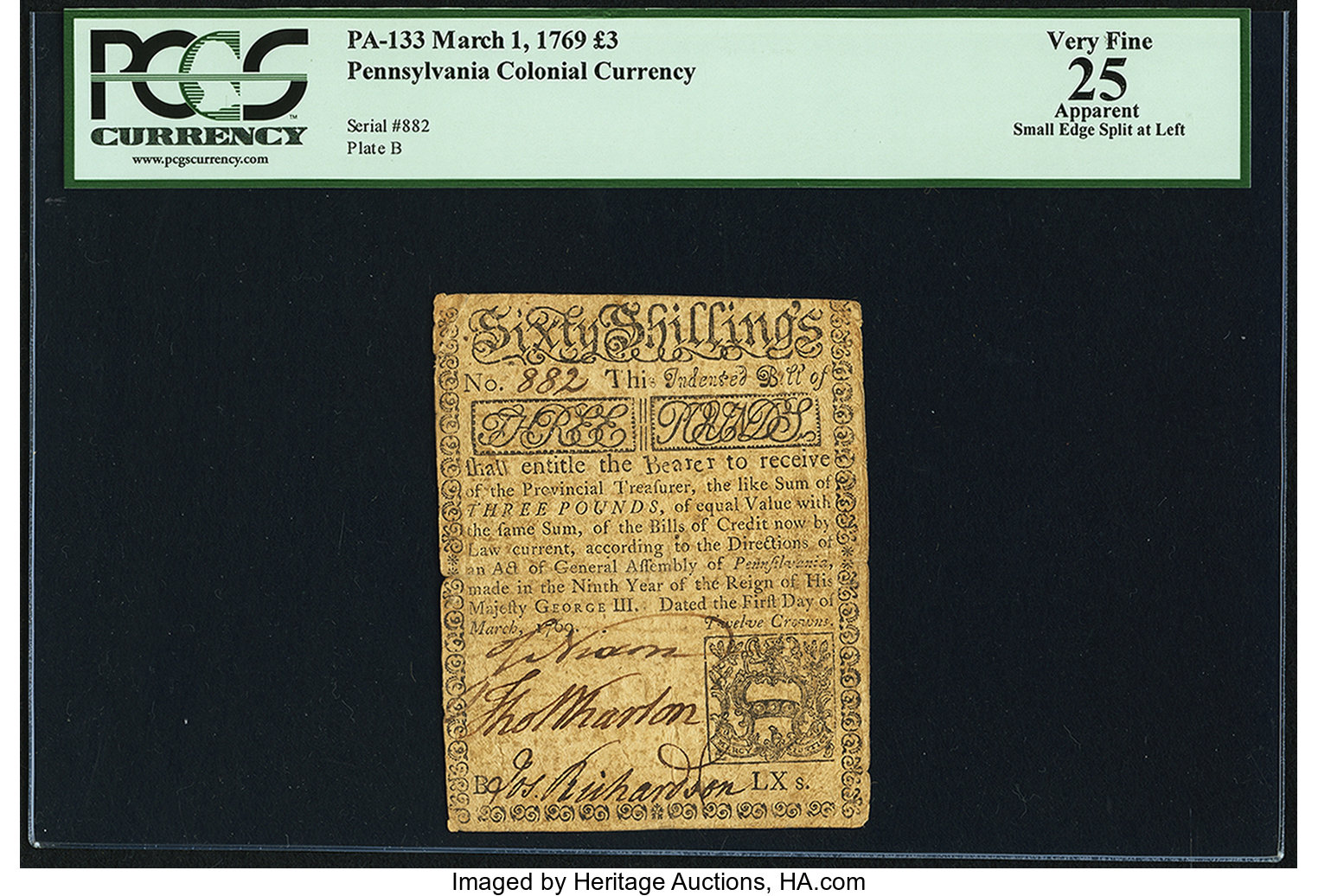 image for: Pennsylvania March 1, 1769 £3 PCGS Apparent Very Fine 25....