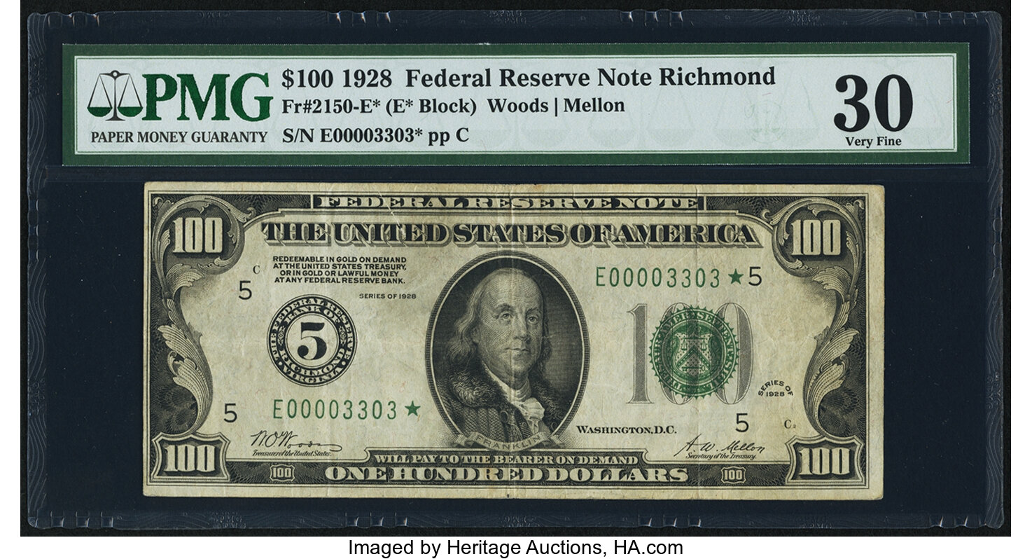 image for: Fr. 2150-E* $100 1928 Federal Reserve Note. PMG Very Fine 30....