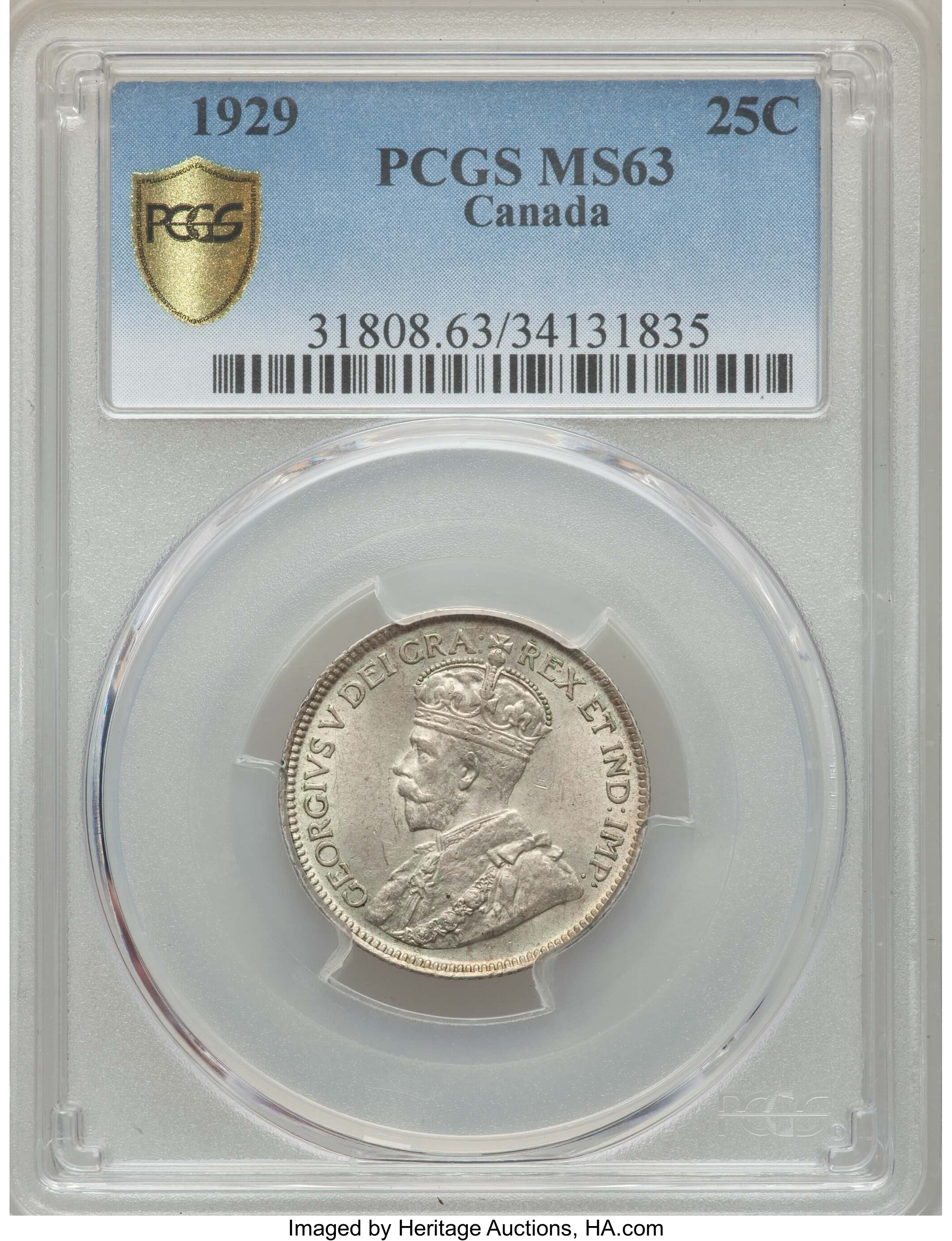 image for: George V 25 Cents 1929 MS63 PCGS