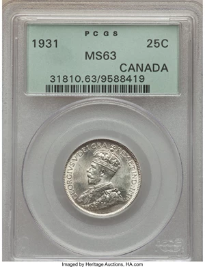 image for: George V 25 Cents 1931 MS63 PCGS