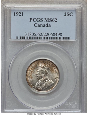 image for: George V 25 Cents 1921 MS62 PCGS