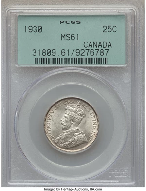 image for: George V 25 Cents 1930 MS61 PCGS