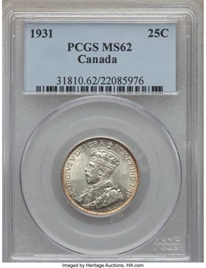 image for: George V 25 Cents 1931 MS62 PCGS