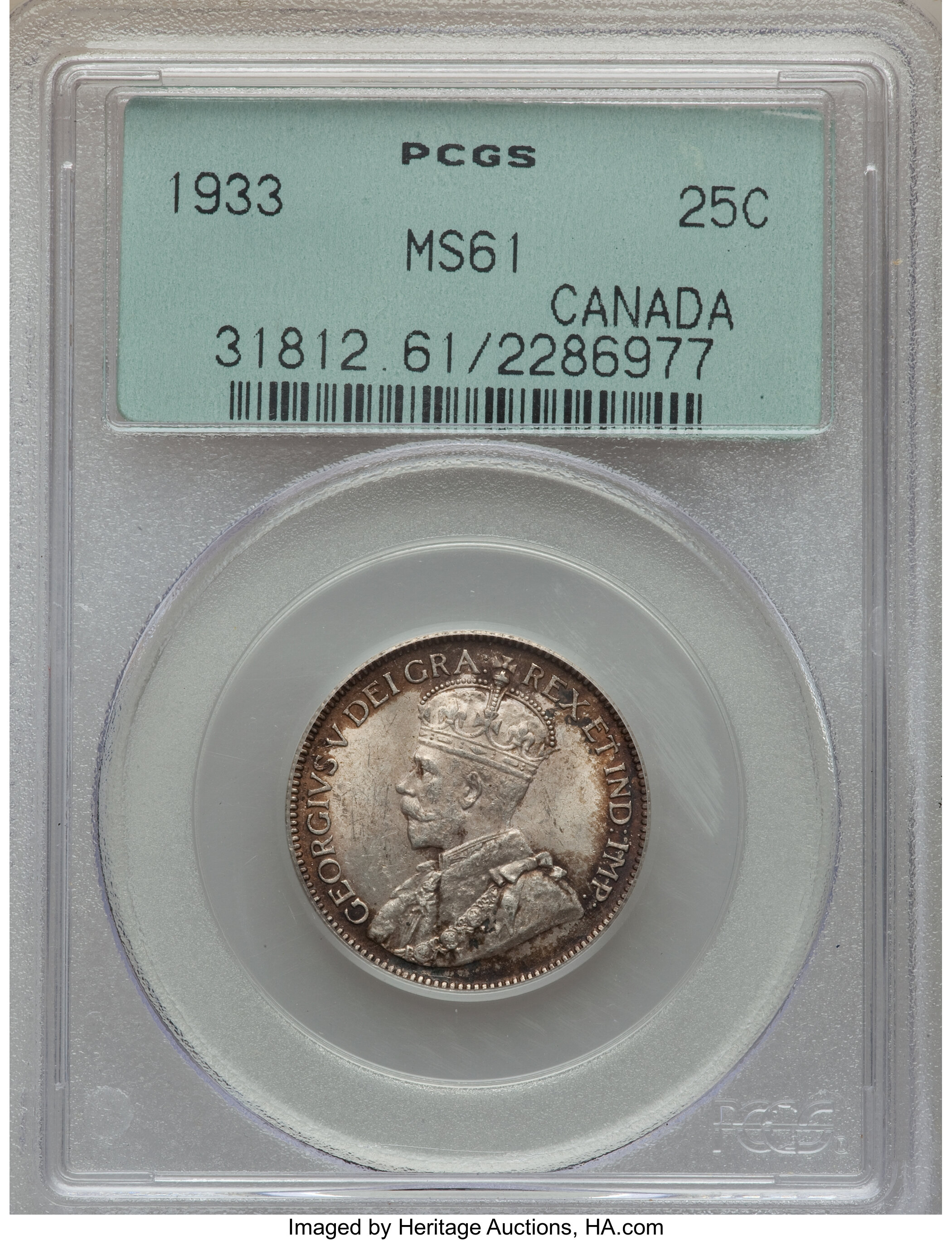 image for: George V 25 Cents 1933 MS61 PCGS