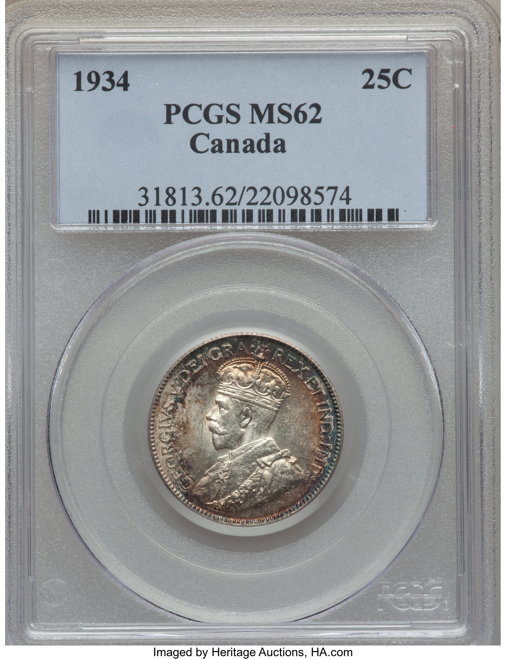 image for: George V 25 Cents 1934 MS62 PCGS
