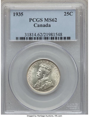image for: George V 25 Cents 1935 MS62 PCGS