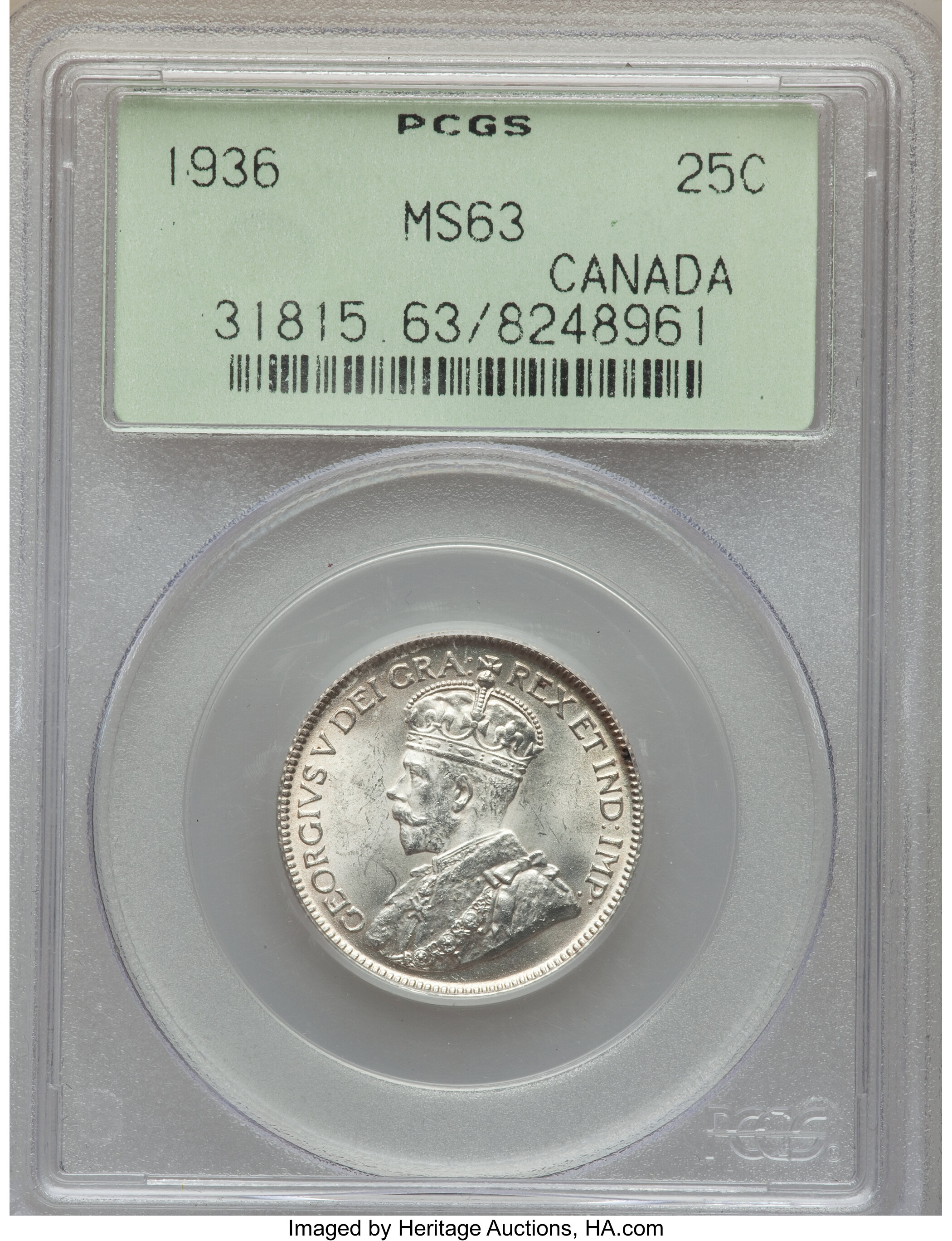 image for: George V 25 Cents 1936 MS63 PCGS