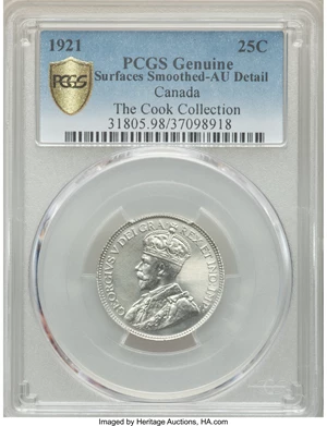 image for: George V 25 Cents 1921 AU Detail (Surfaces Smoothed) PCGS