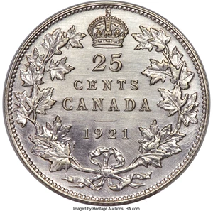 image for: George V 25 Cents 1921 AU Detail (Surfaces Smoothed) PCGS