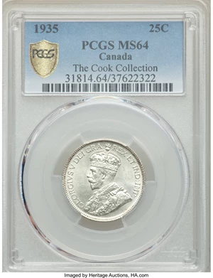 image for: George V 25 Cents 1935 MS64 PCGS