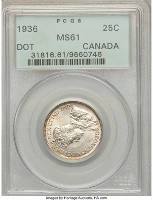 image for: George V 25 Cents 1936 Dot MS61 PCGS