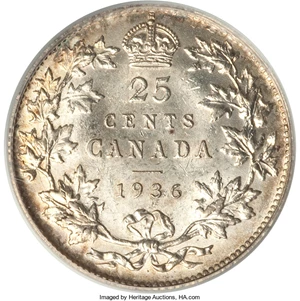 image for: George V 25 Cents 1936 Dot MS61 PCGS