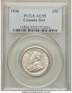 image for: George V 25 Cents 1936 Dot AU55 PCGS