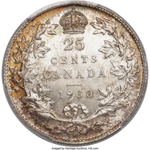 image for: George V 25 Cents 1930 MS65+ PCGS