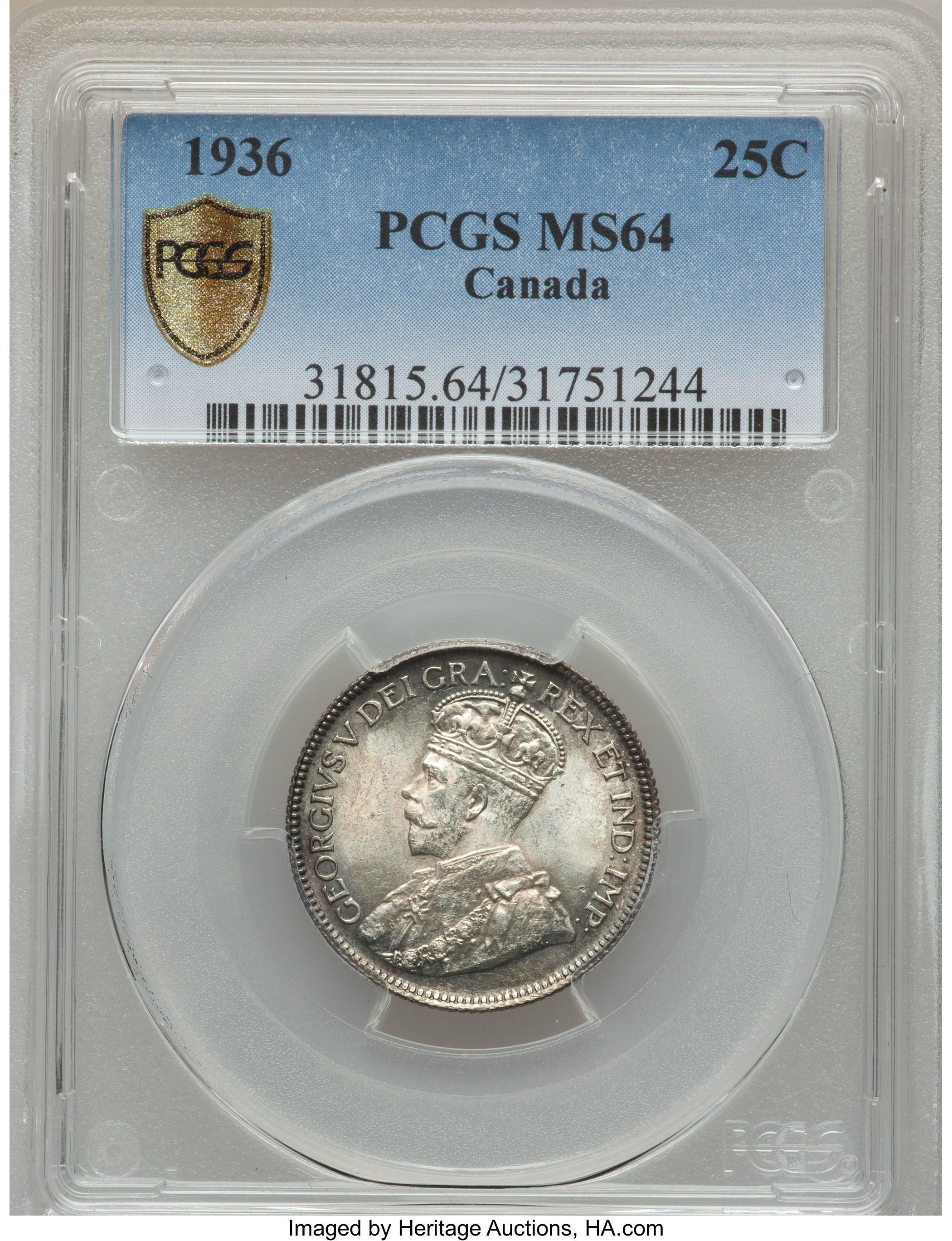 image for: George V 25 Cents 1936 MS64 PCGS