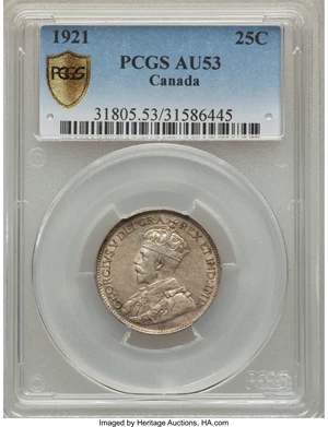 image for: George V 25 Cents 1921 AU53 PCGS