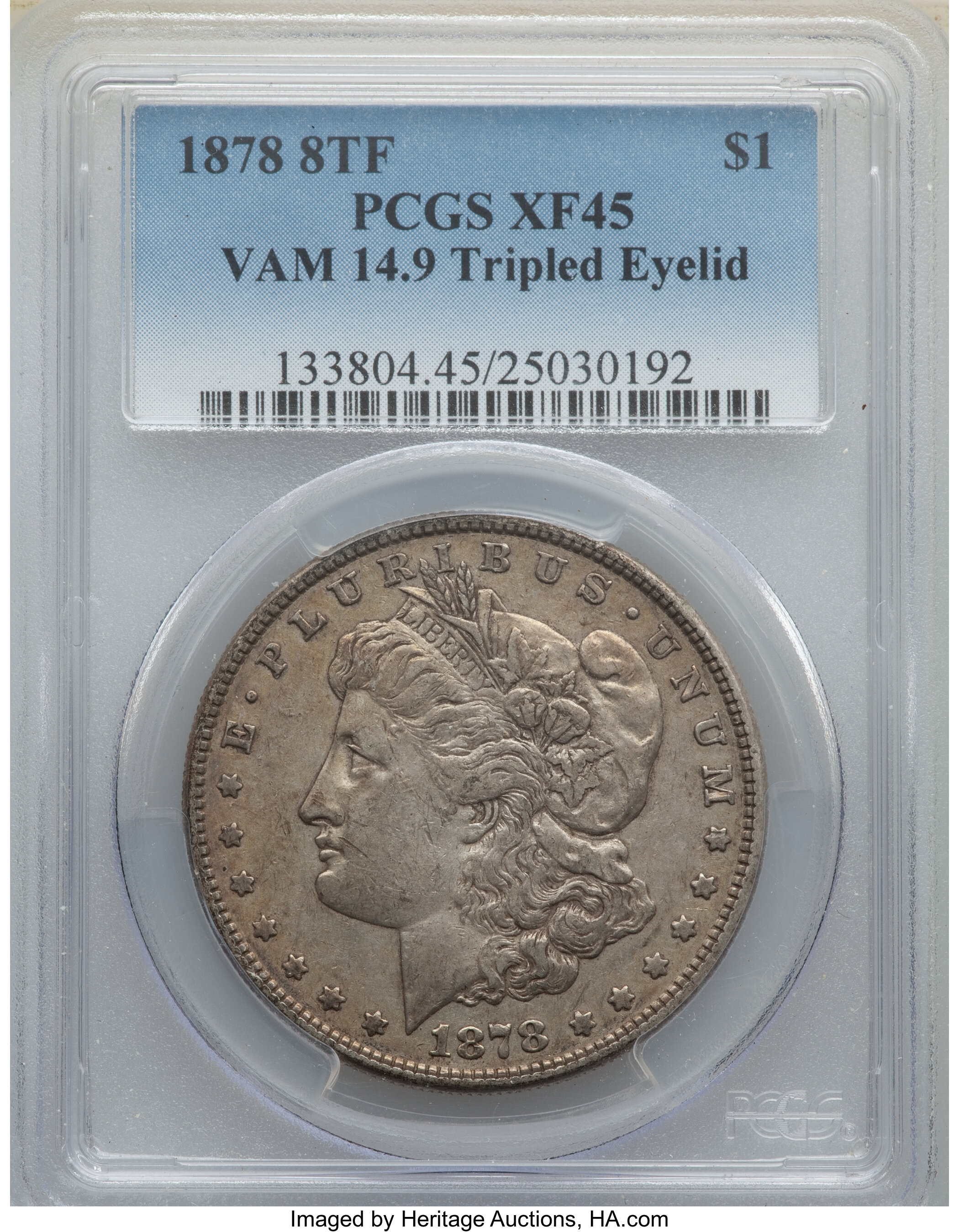 image for: 1878 8TF $1 VAM 14.9, Tripled Eyelid XF45 PCGS. PCGS Population: (8/10). NGC Census: (0/2). XF45. ...