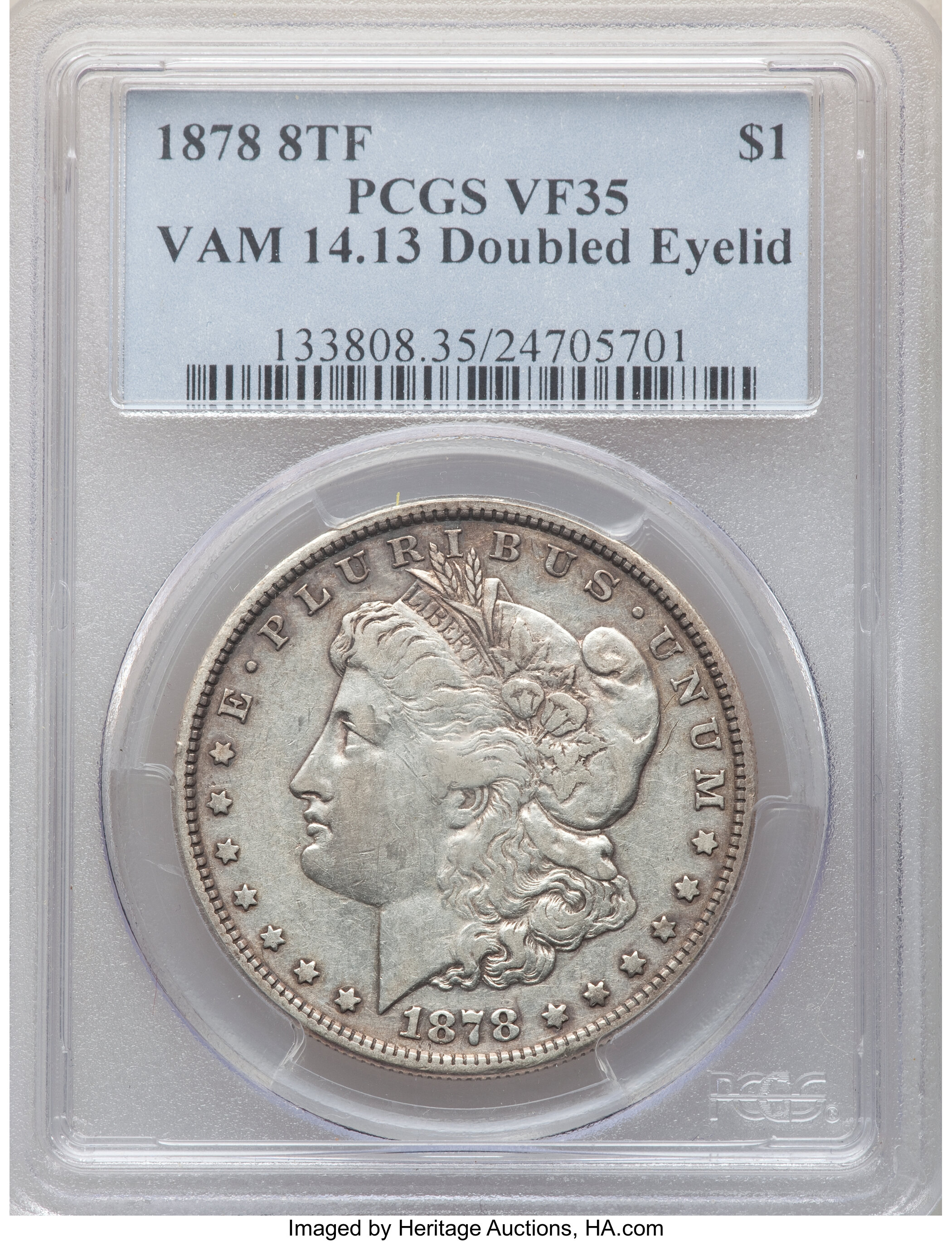 image for: 1878 8TF $1 Doubled Eyelid, VAM-14.13, VF35 PCGS. PCGS Population: (4/29). NGC Census: (0/3). VF35. ...