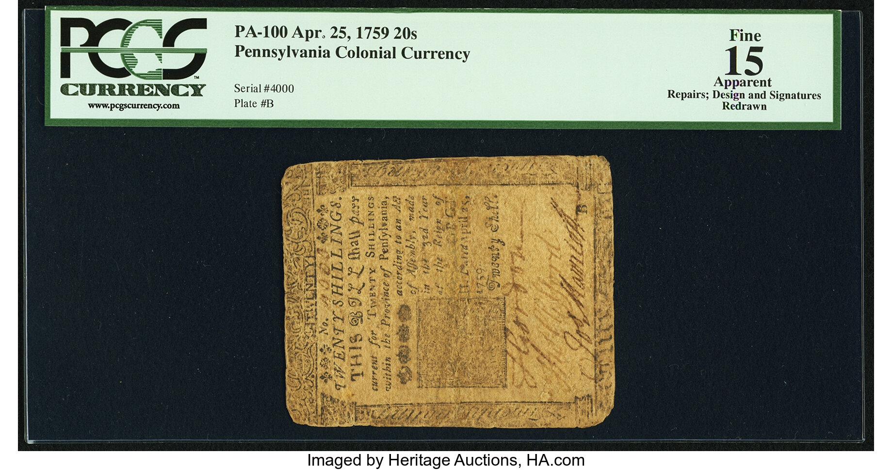image for: Pennsylvania April 25, 1759 20s PCGS Apparent Fine 15....