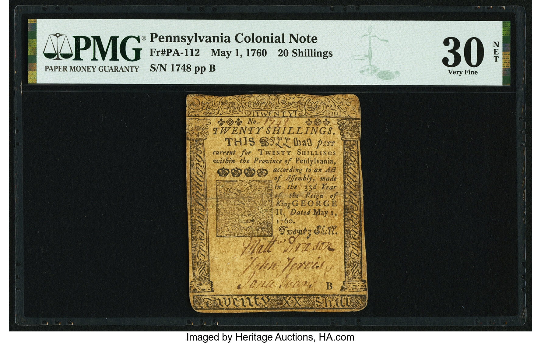 image for: Pennsylvania May 1, 1760 20s PMG Very Fine 30 Net....