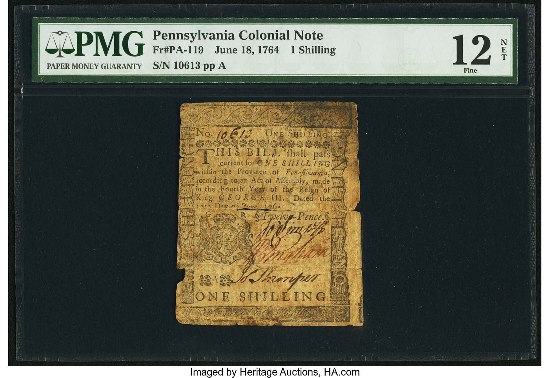 image for: Pennsylvania June 18, 1764 1s PMG Fine 12 Net....
