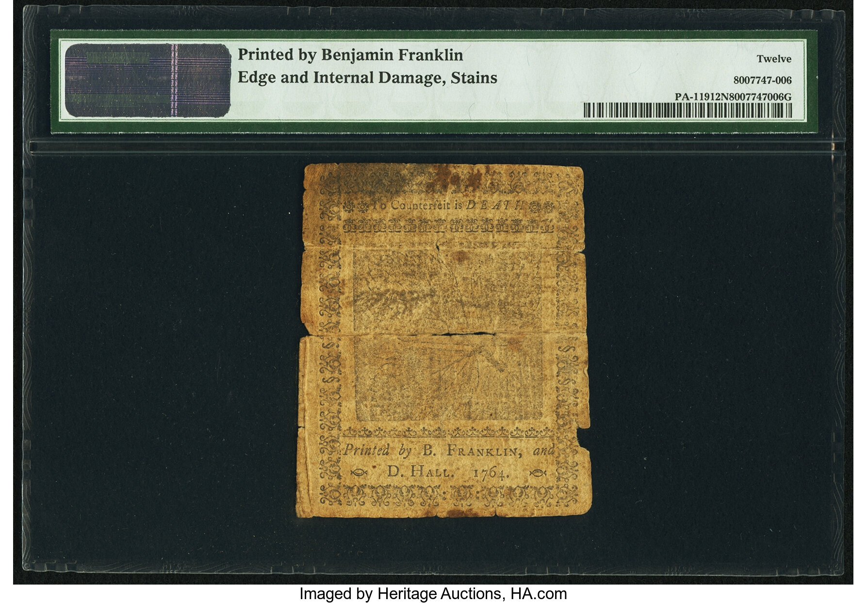 image for: Pennsylvania June 18, 1764 1s PMG Fine 12 Net....
