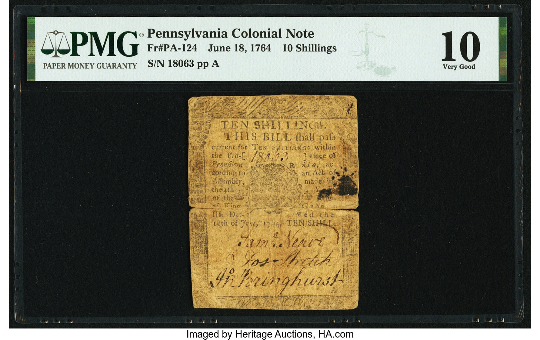 image for: Pennsylvania June 18, 1764 10s PMG Very Good 10....