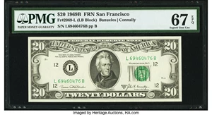 image for: Fr. 2069-L $20 1969B Federal Reserve Note. PMG Superb Gem Unc 67 EPQ....