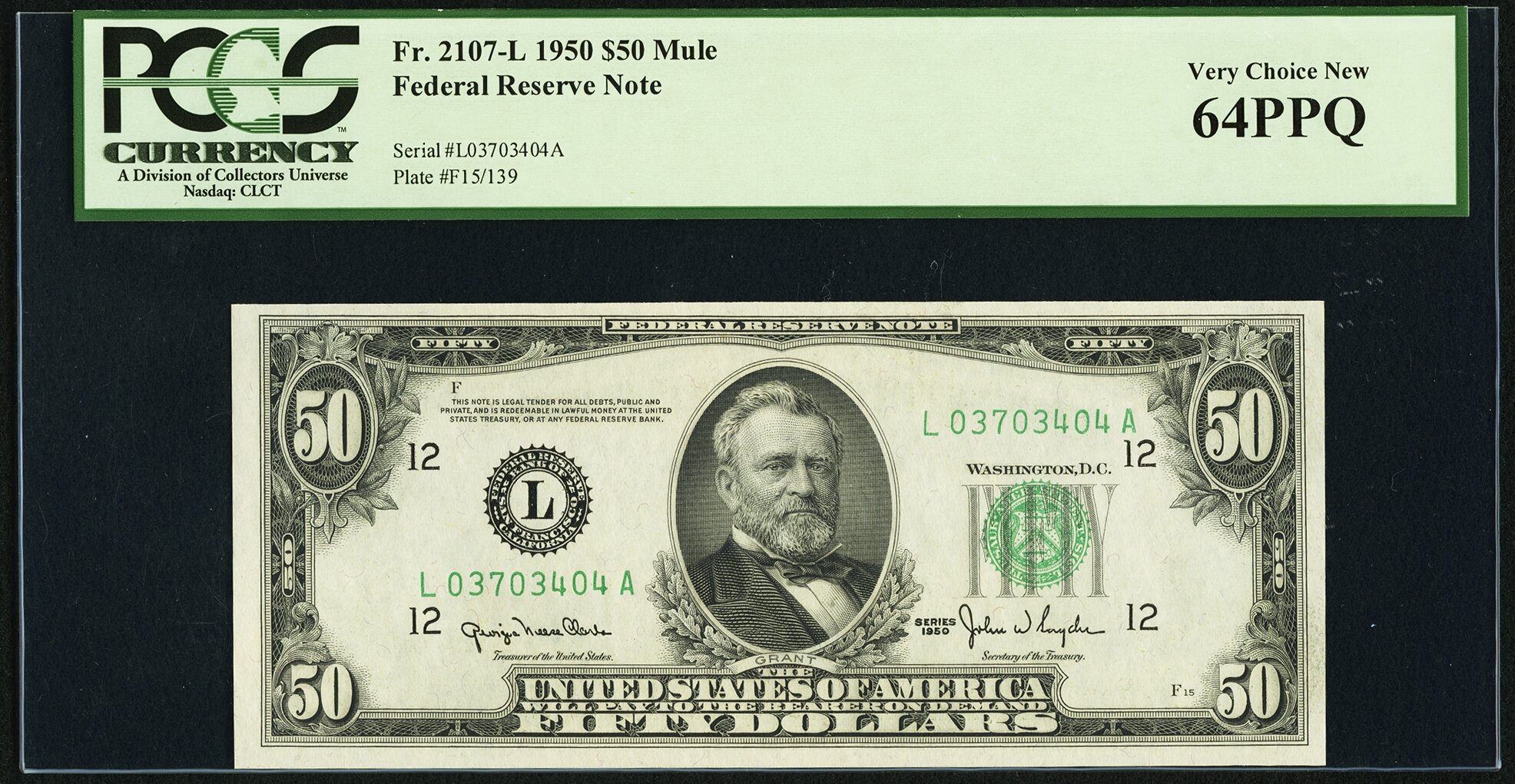 image for: Fr. 2107-L $50 1950 Mule Federal Reserve Note. PCGS Very Choice New 64PPQ....