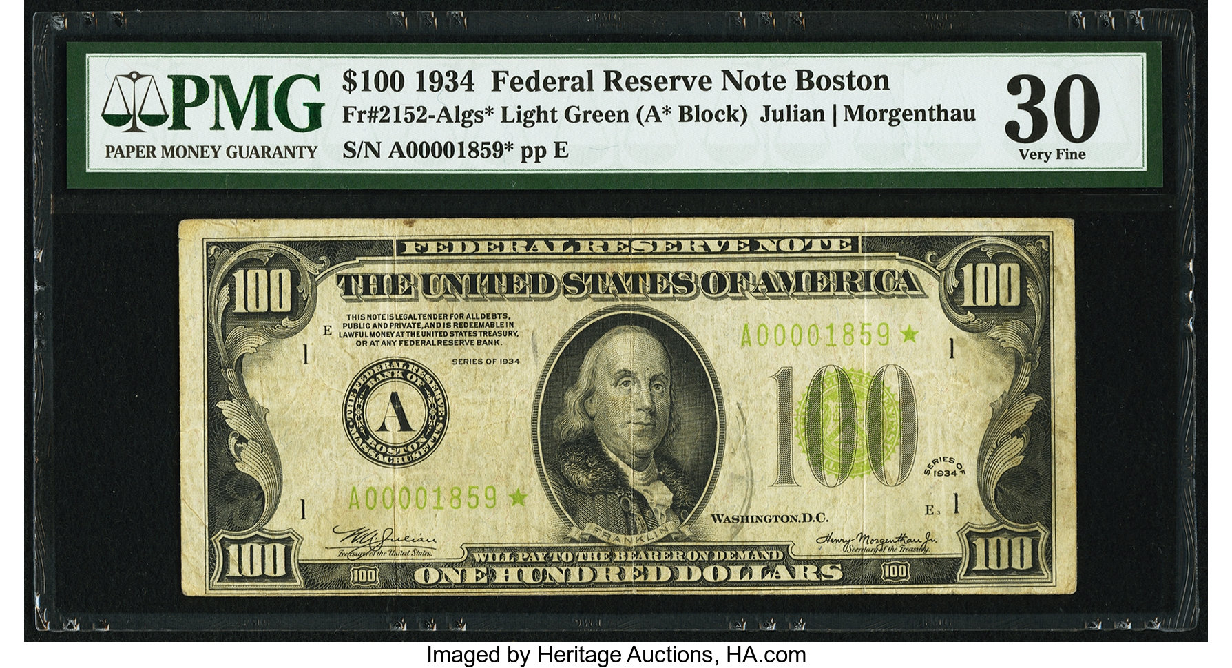 image for: Low Serial Number 1859 Fr. 2152-A* $100 1934 Light Green Seal Federal Reserve Note. PMG Very Fine 30....