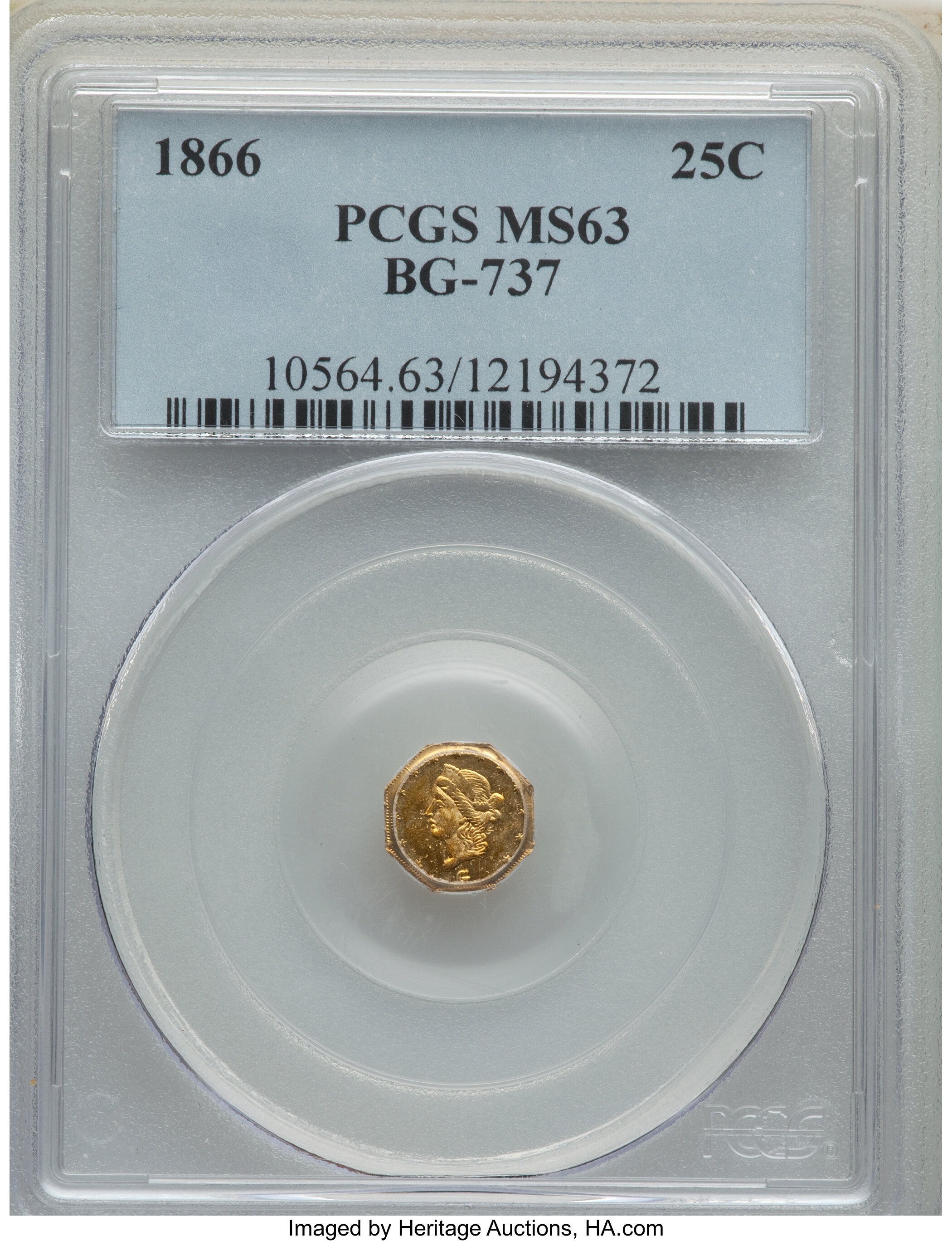 image for: 1866 25C Liberty Octagonal 25 Cents, BG-737, R.5, MS63 PCGS. PCGS Population: (10/3). NGC Census: (1/1).  ...