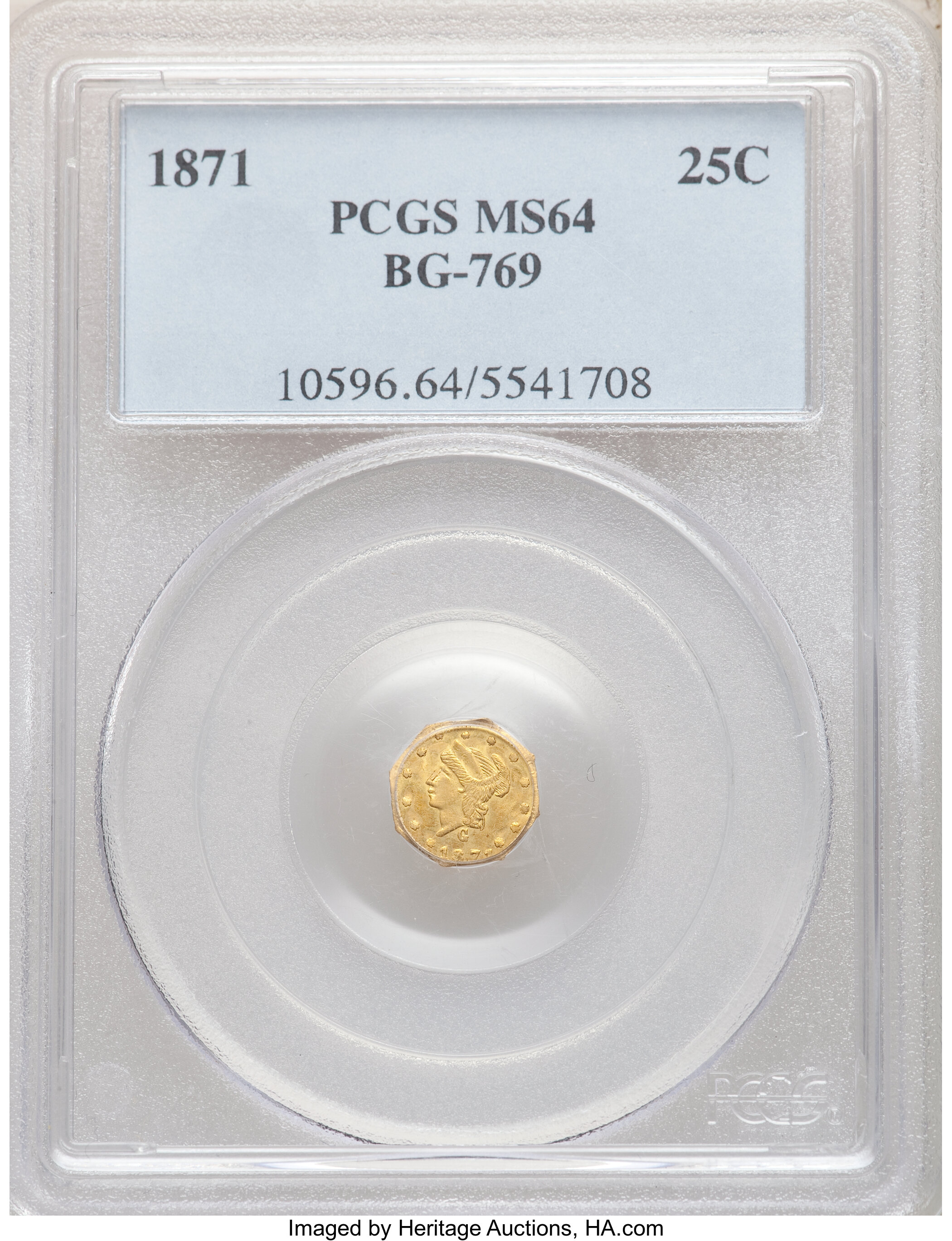 image for: 1871 25C Liberty Head Octagonal 25 Cents, BG-769, R.5, MS64 PCGS. PCGS Population: (7/0). NGC Census: (1/0).  ...