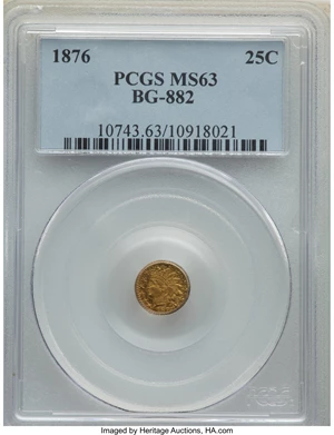image for: 1876 25C Indian Round 25 Cents, BG-882, R.7, MS63 PCGS. PCGS Population: (6/6). NGC Census: (0/1). ...