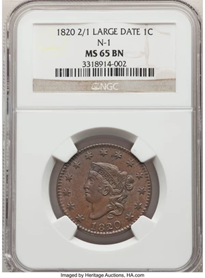 image for: 1820/19 1C N-1, R.1, MS65 Brown NGC....
