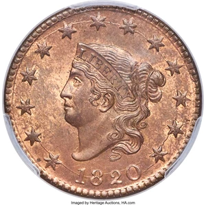 image for: 1820 1C Large Date, N-13, R.1, MS65 Red and Brown PCGS. CAC....