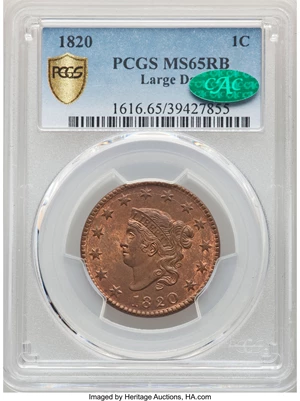 image for: 1820 1C Large Date, N-13, R.1, MS65 Red and Brown PCGS. CAC....
