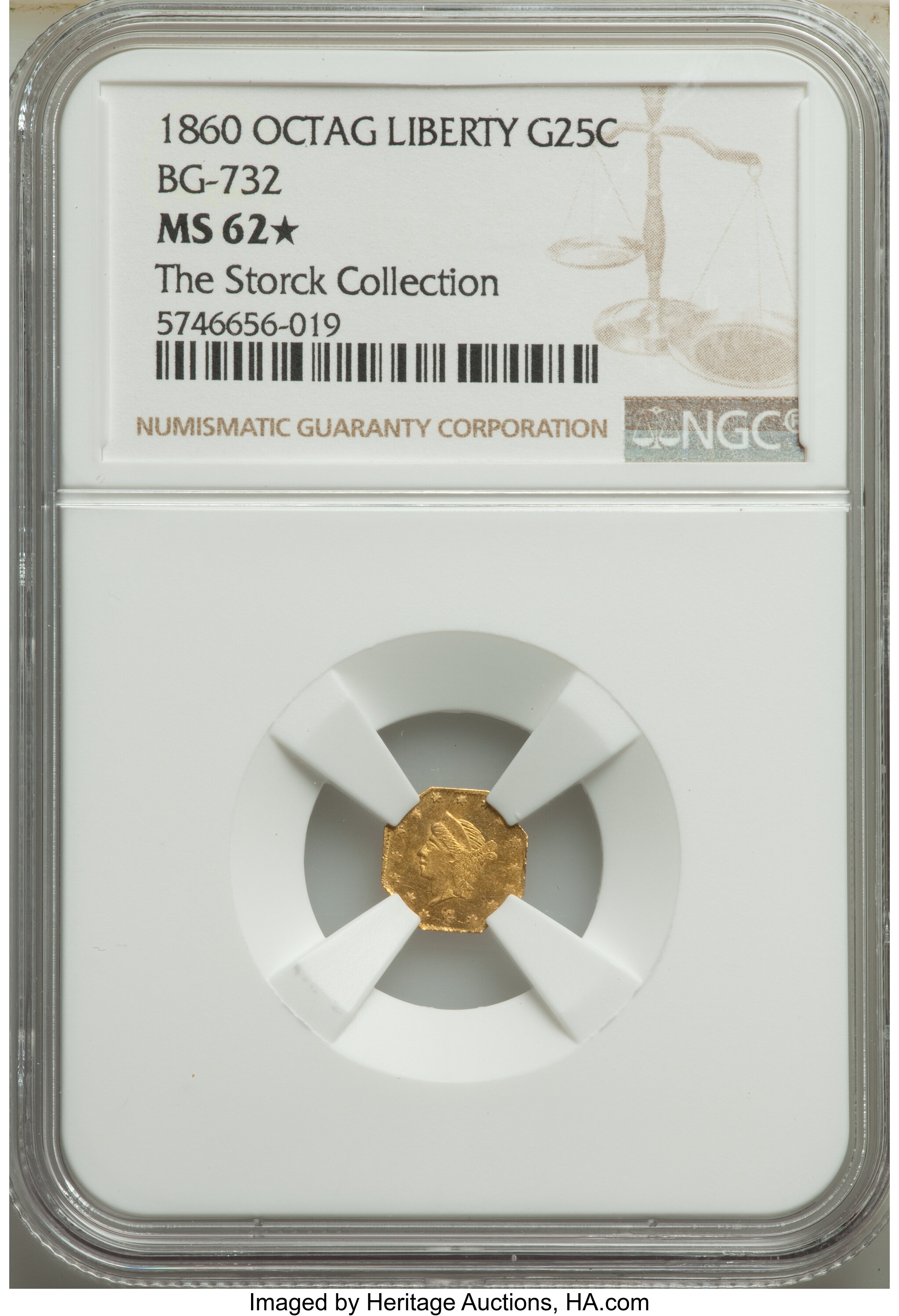 image for: 1860 25C Liberty Head Octagonal 25 Cents, BG-732, High R.6, MS62★  NGC....
