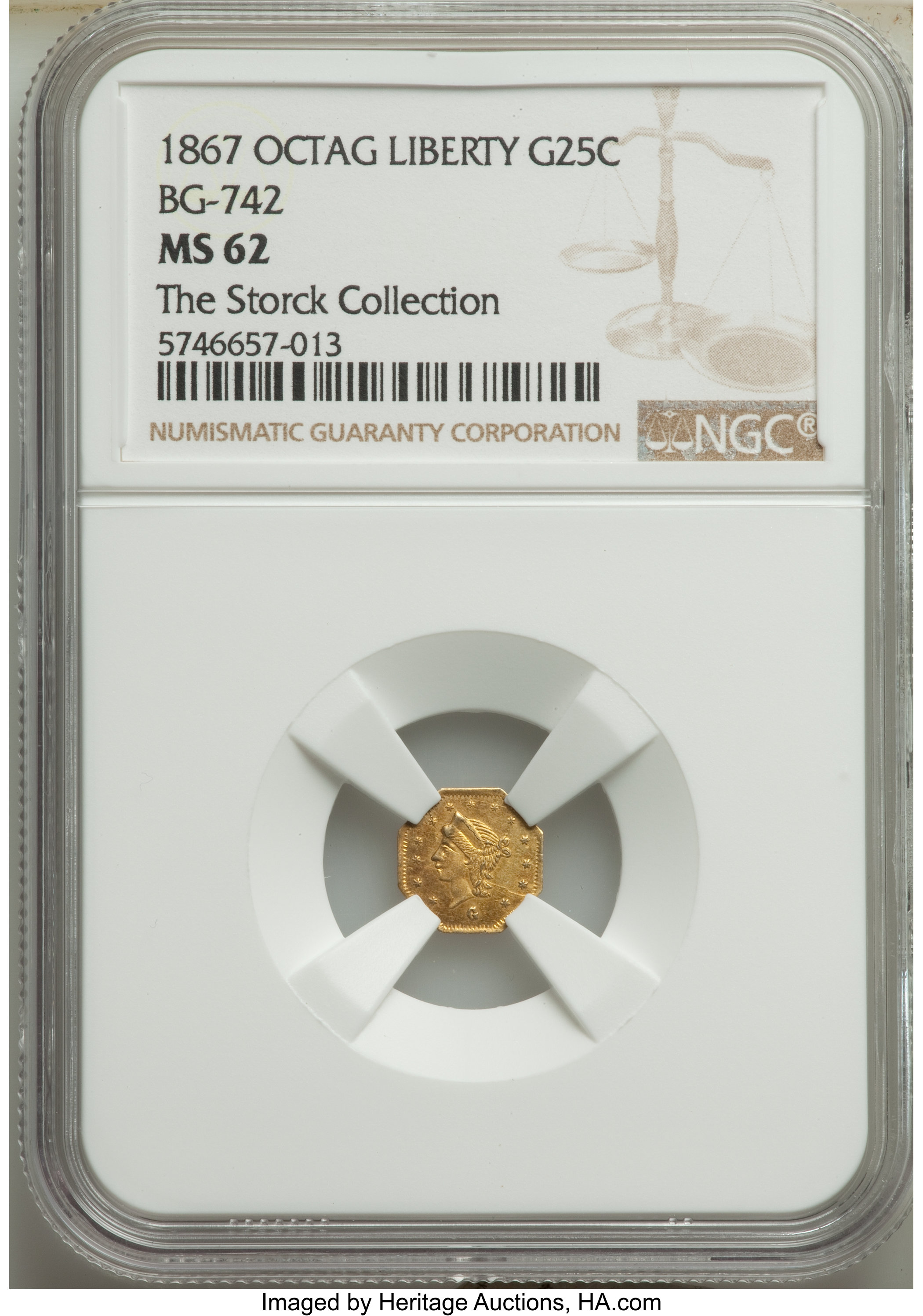 image for: 1867 25C Liberty Head Octagonal 25 Cents, BG-742, Low R.7, MS62 NGC....
