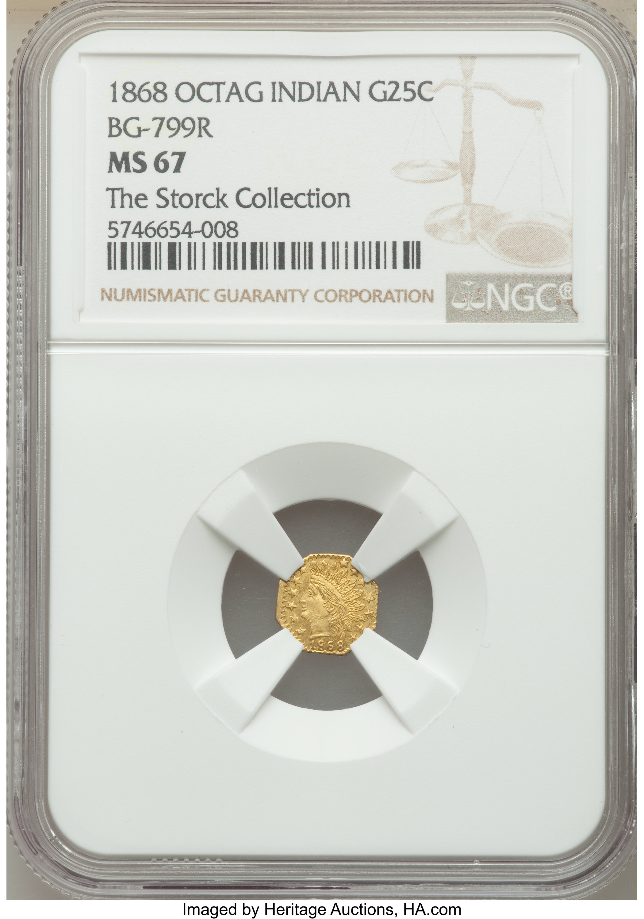 image for: 1868 25C Indian Octagonal 25 Cents, BG-799R, R.7, MS67 NGC....