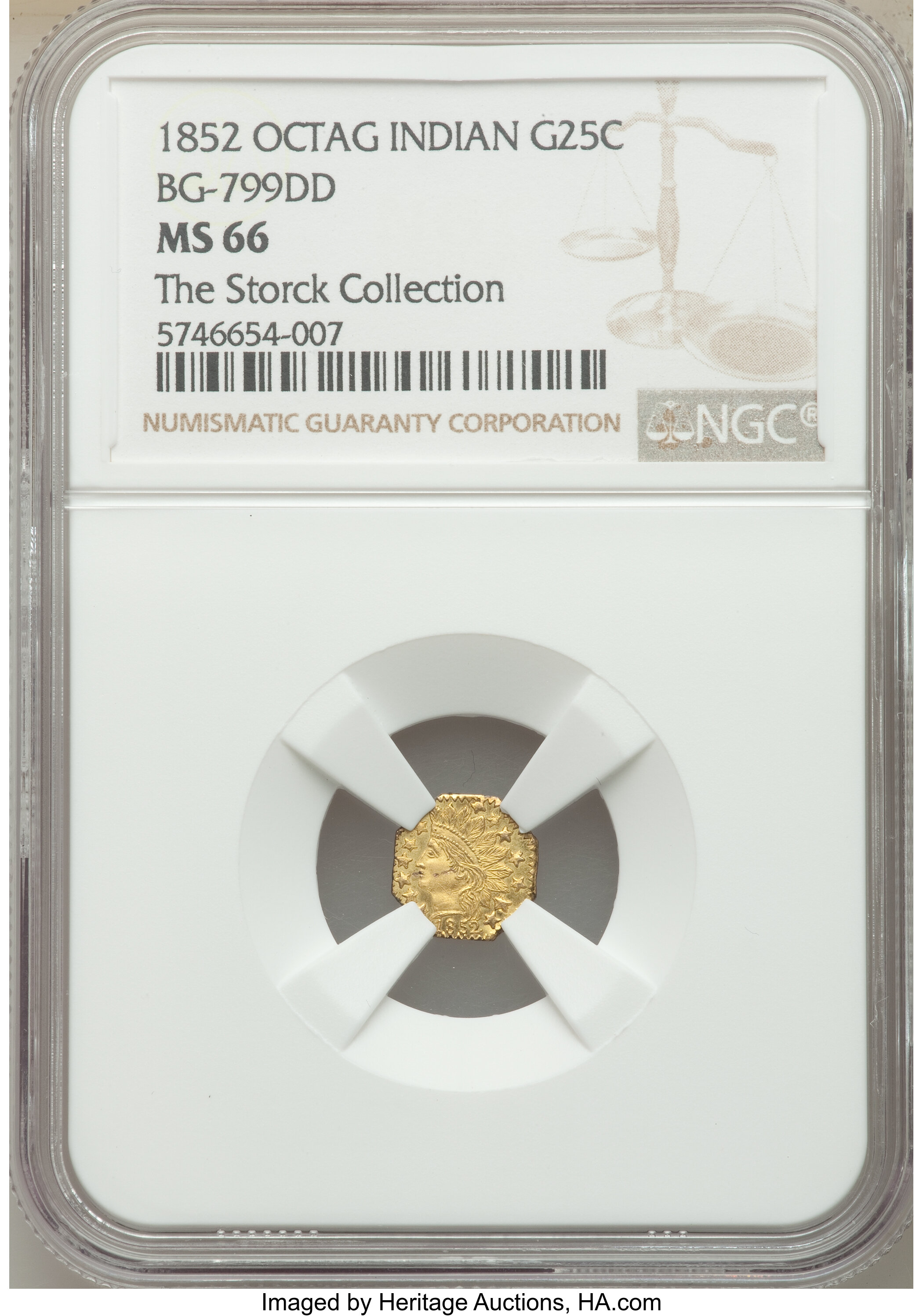 image for: 1852 25C Indian Octagonal 25 Cents, BG-799DD, High R.7, MS66 NGC....