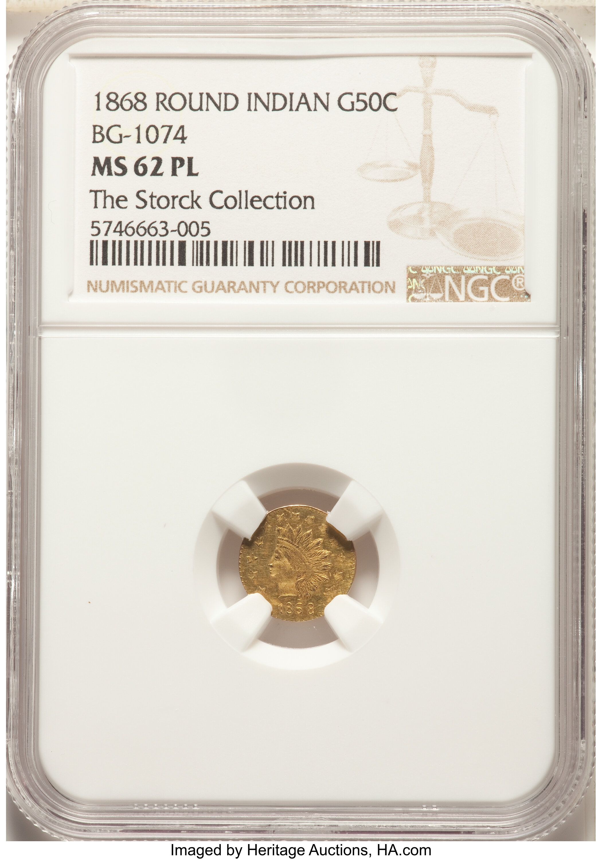 image for: 1868 50C Indian Round 50 Cents, BG-1074, R.6, MS62 Prooflike NGC....