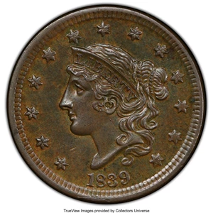 image for: 1839 1C Silly Head, N-9, R.2, MS62 Brown PCGS. PCGS Population: (12/32 and 0/16+). NGC Census: (7/14 and 0/1+). CDN: $475 W...