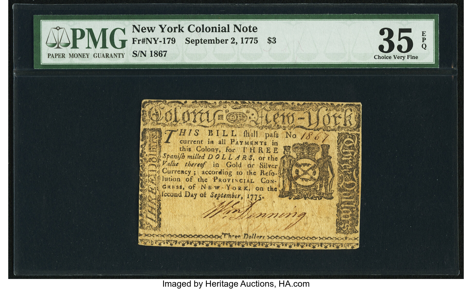 image for: New York September 2, 1775 $3 PMG Choice Very Fine 35 EPQ....
