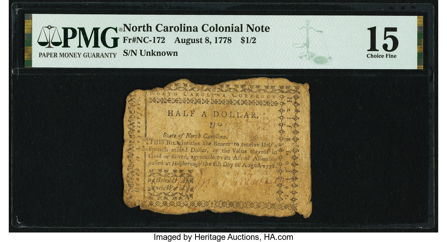 image for: North Carolina August 8, 1778 $1/2 Behold! A New World PMG Choice Fine 15....